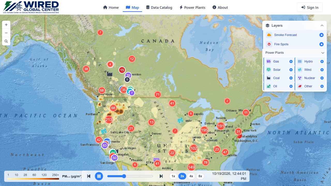 WIRED Data Hub map showing wildfire, smoke, and power plant layers across North America